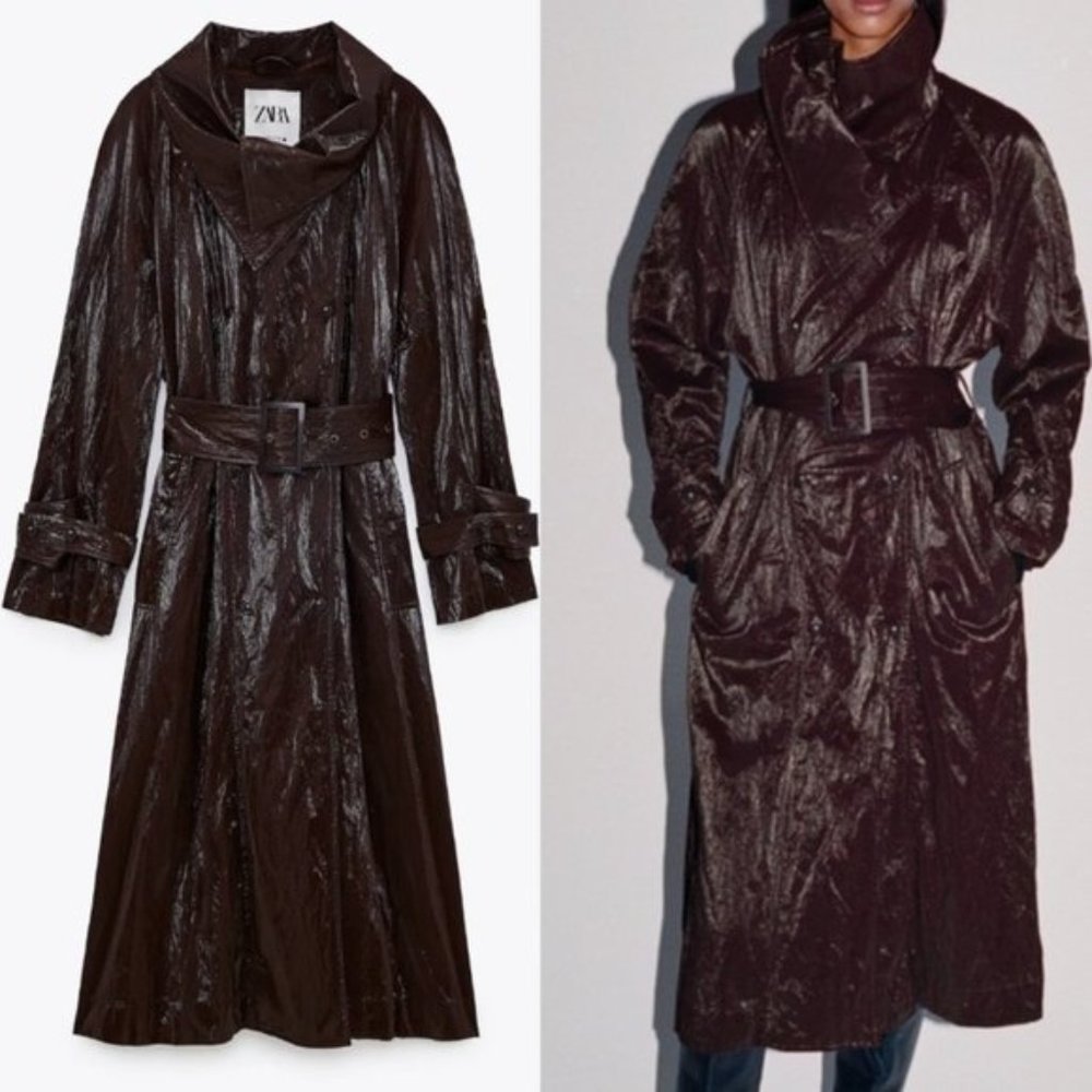 Zara Dark Brown Long Belted Trench Coat